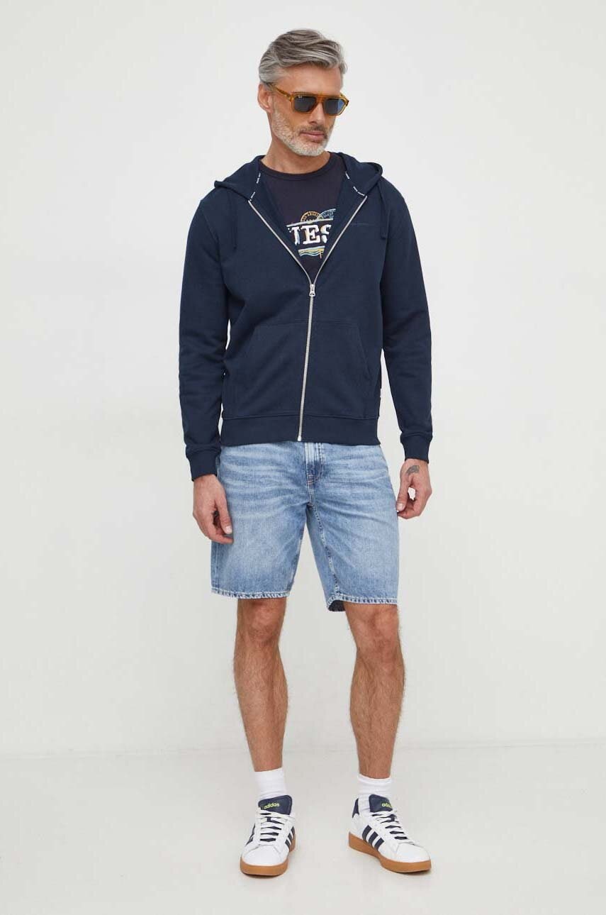 Pepe Jeans hanorac de bumbac Joe barbati, culoarea albastru marin, cu glugă, neted