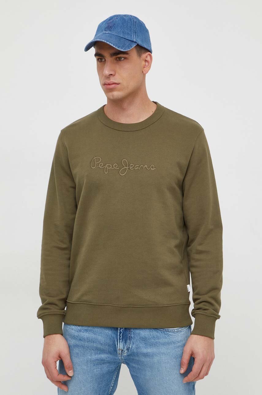 Pepe Jeans hanorac de bumbac Joe Crew barbati, culoarea verde, cu imprimeu