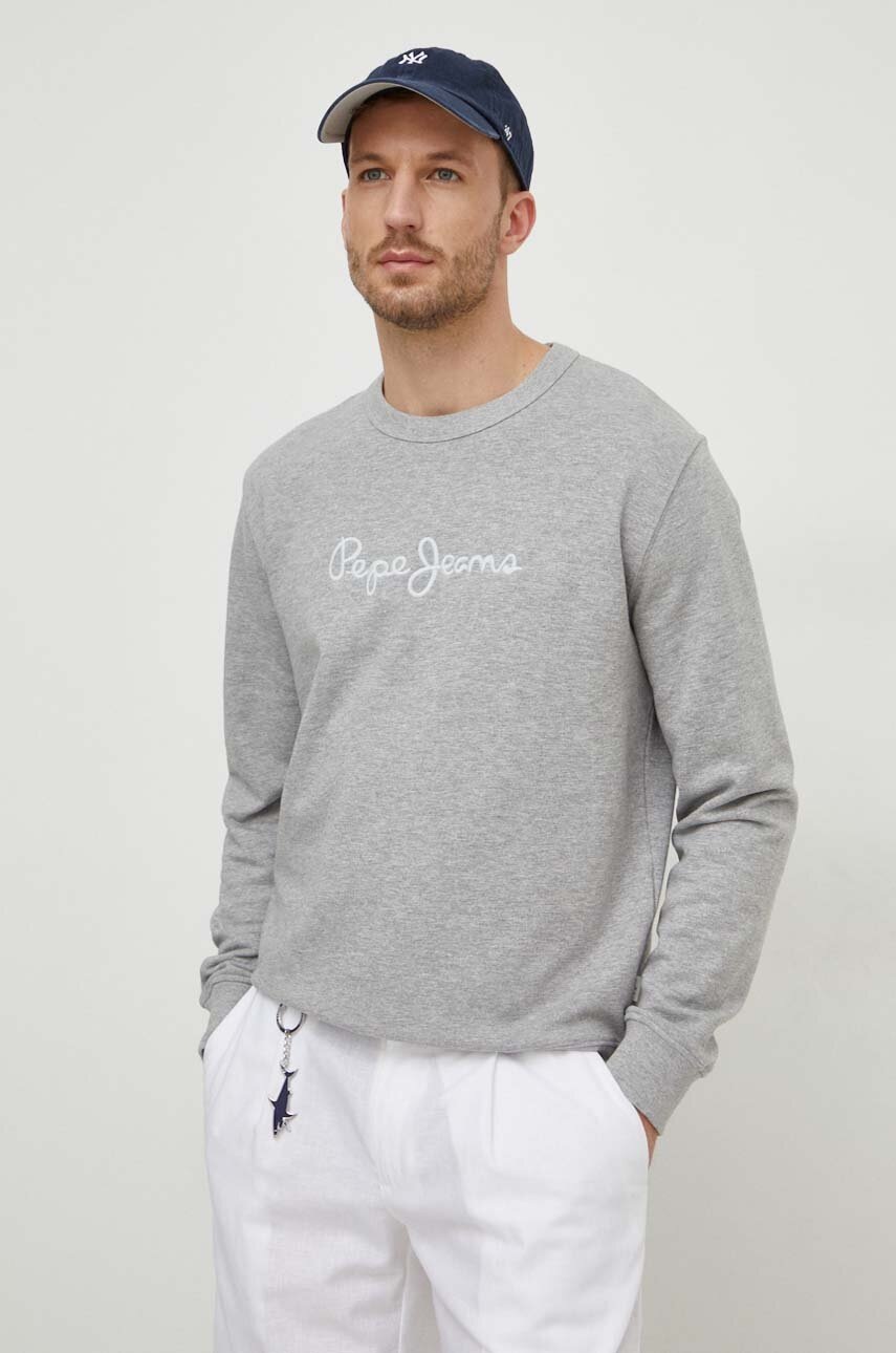 Pepe Jeans hanorac de bumbac Joe Crew barbati, culoarea gri, cu imprimeu