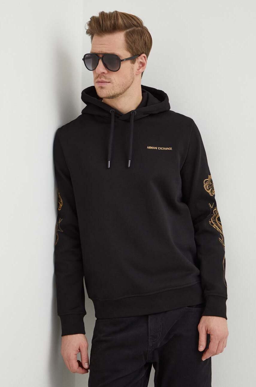 

Хлопковая кофта Armani Exchange мужская цвет чёрный с капюшоном с аппликацией