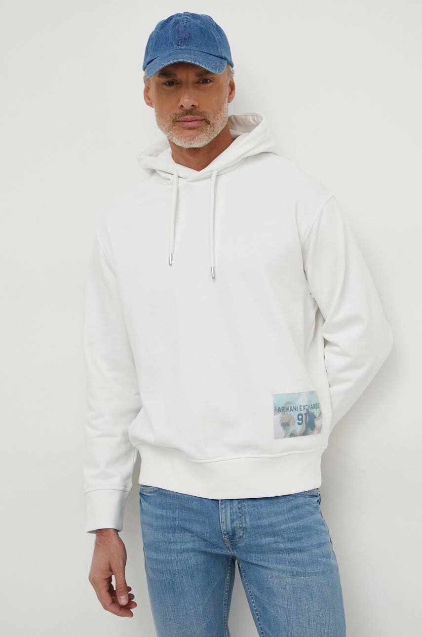 E-shop Bavlněná mikina Armani Exchange pánská, bílá barva, s kapucí, s aplikací, 3DZMLE ZJ4XZ