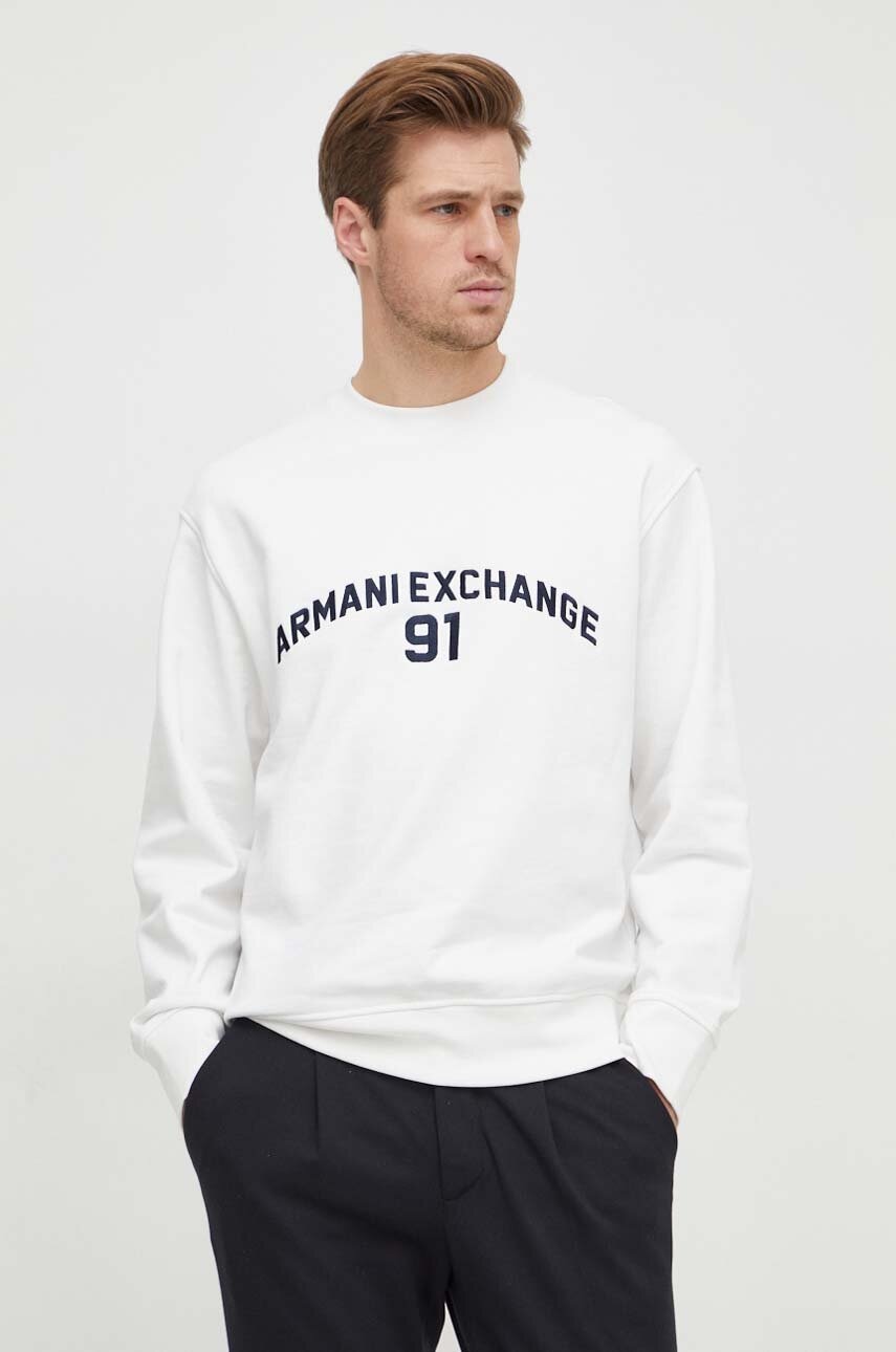 Levně Bavlněná mikina Armani Exchange pánská, bílá barva, s aplikací, 3DZMLK ZJ4XZ