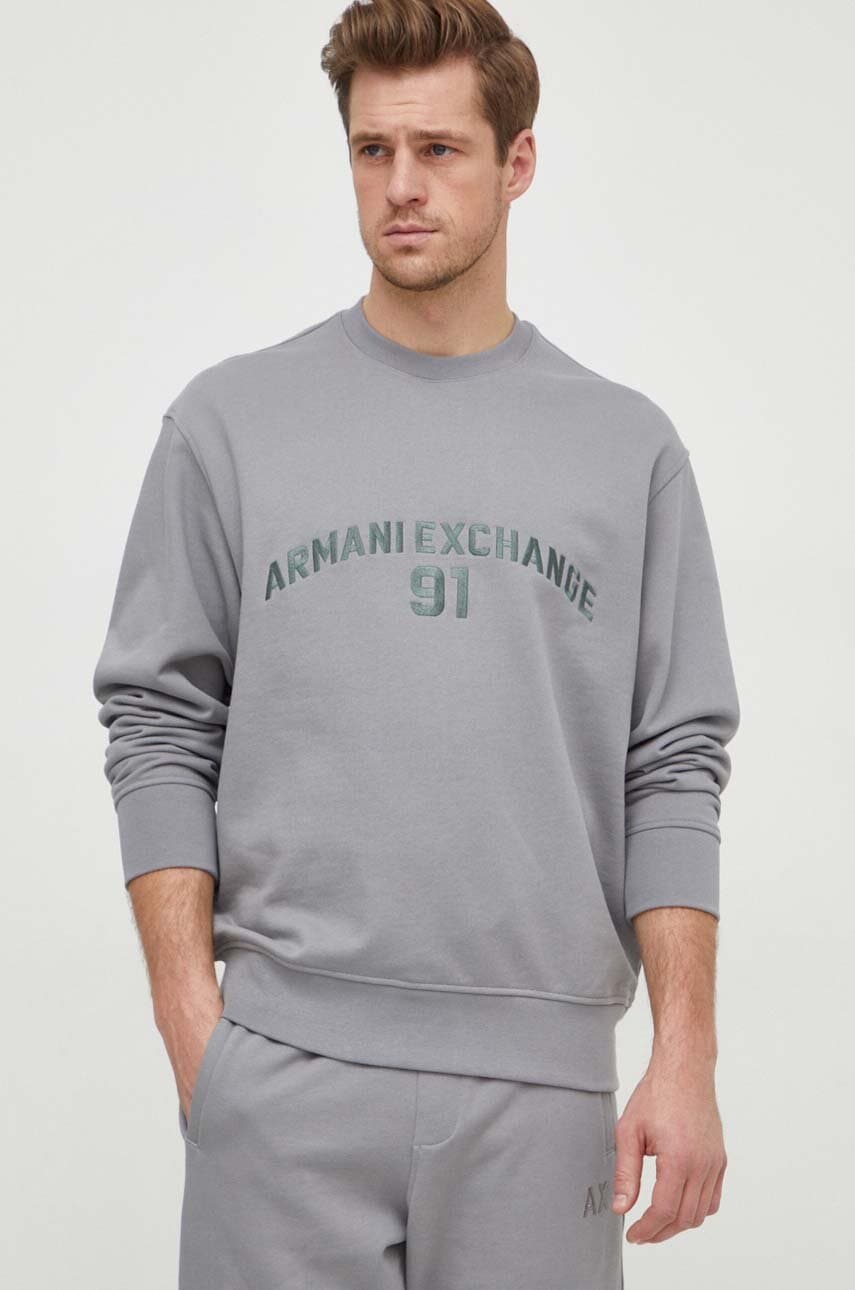 Levně Bavlněná mikina Armani Exchange pánská, šedá barva, s aplikací, 3DZMLK ZJ4XZ