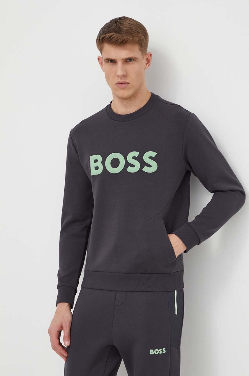 Boss Green bluza barbati, culoarea gri, cu imprimeu