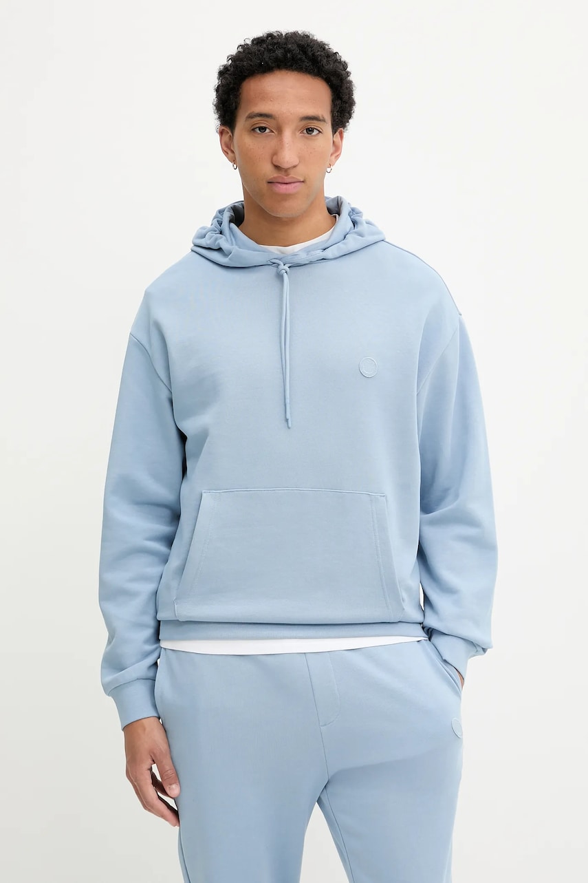 Hugo Blue hanorac de bumbac culoarea negru, cu glugă, cu imprimeu, 50522381