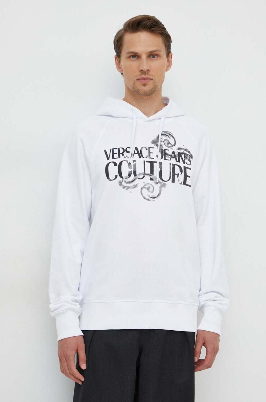 Versace Jeans Couture hanorac de bumbac barbati, culoarea alb, cu gluga, cu imprimeu