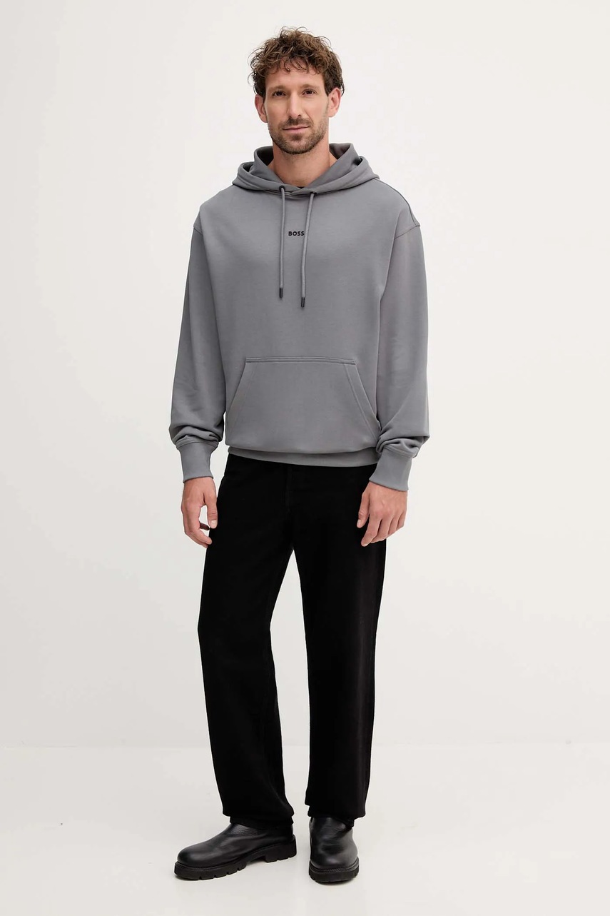 Хлопковая кофта BOSS Orange цвет коричневый с капюшоном с принтом