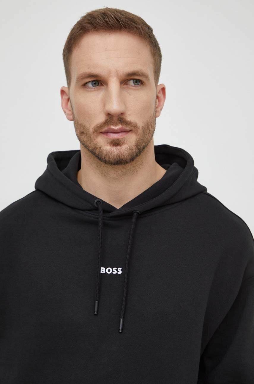 Boss Orange hanorac de bumbac barbati, culoarea negru, cu glugă, cu imprimeu