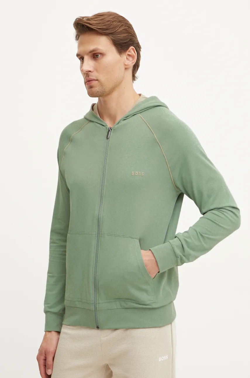BOSS bluza lounge culoarea verde, cu gluga, neted