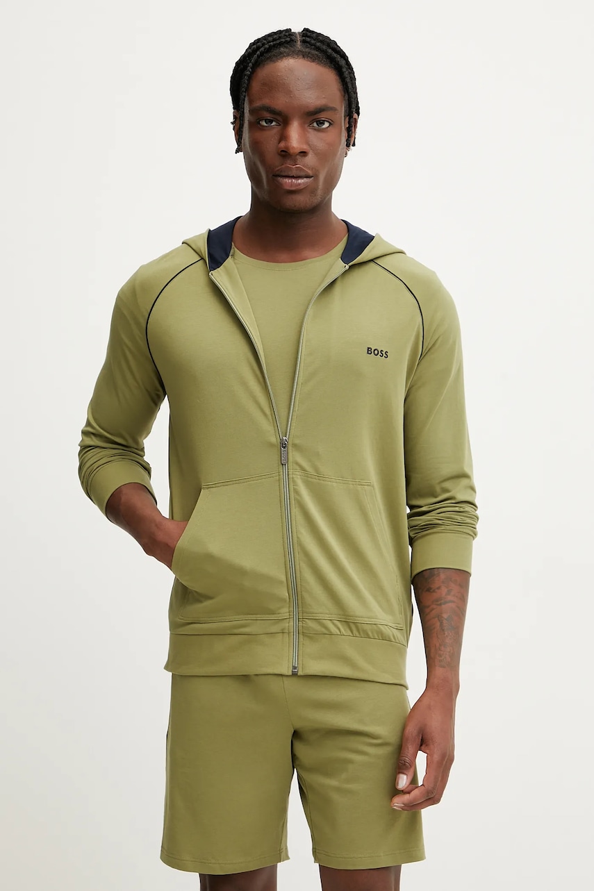 BOSS bluza lounge culoarea verde, cu gluga, neted