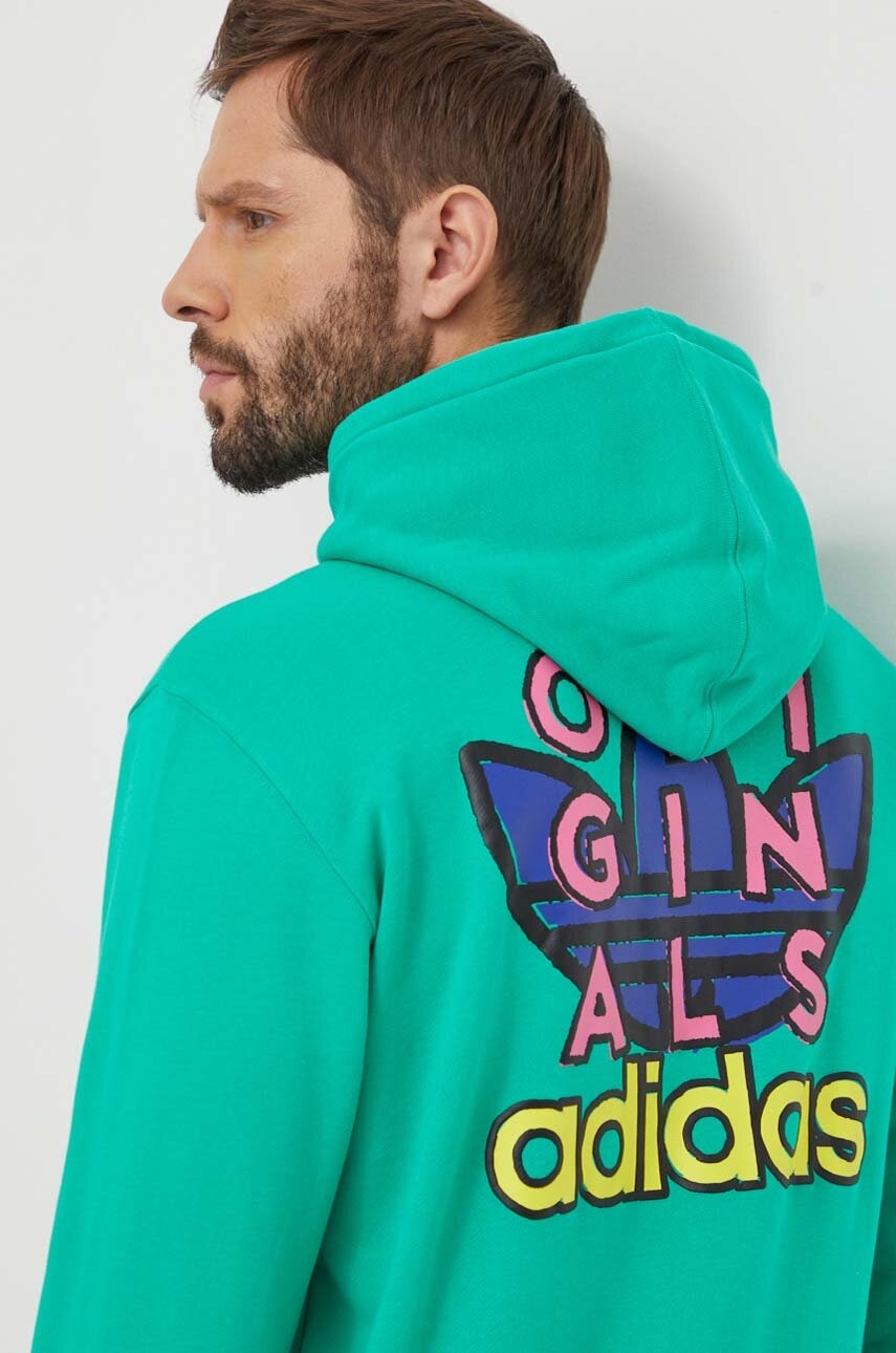 adidas Originals hanorac de bumbac bărbați, culoarea verde, cu glugă, cu imprimeu IM9685