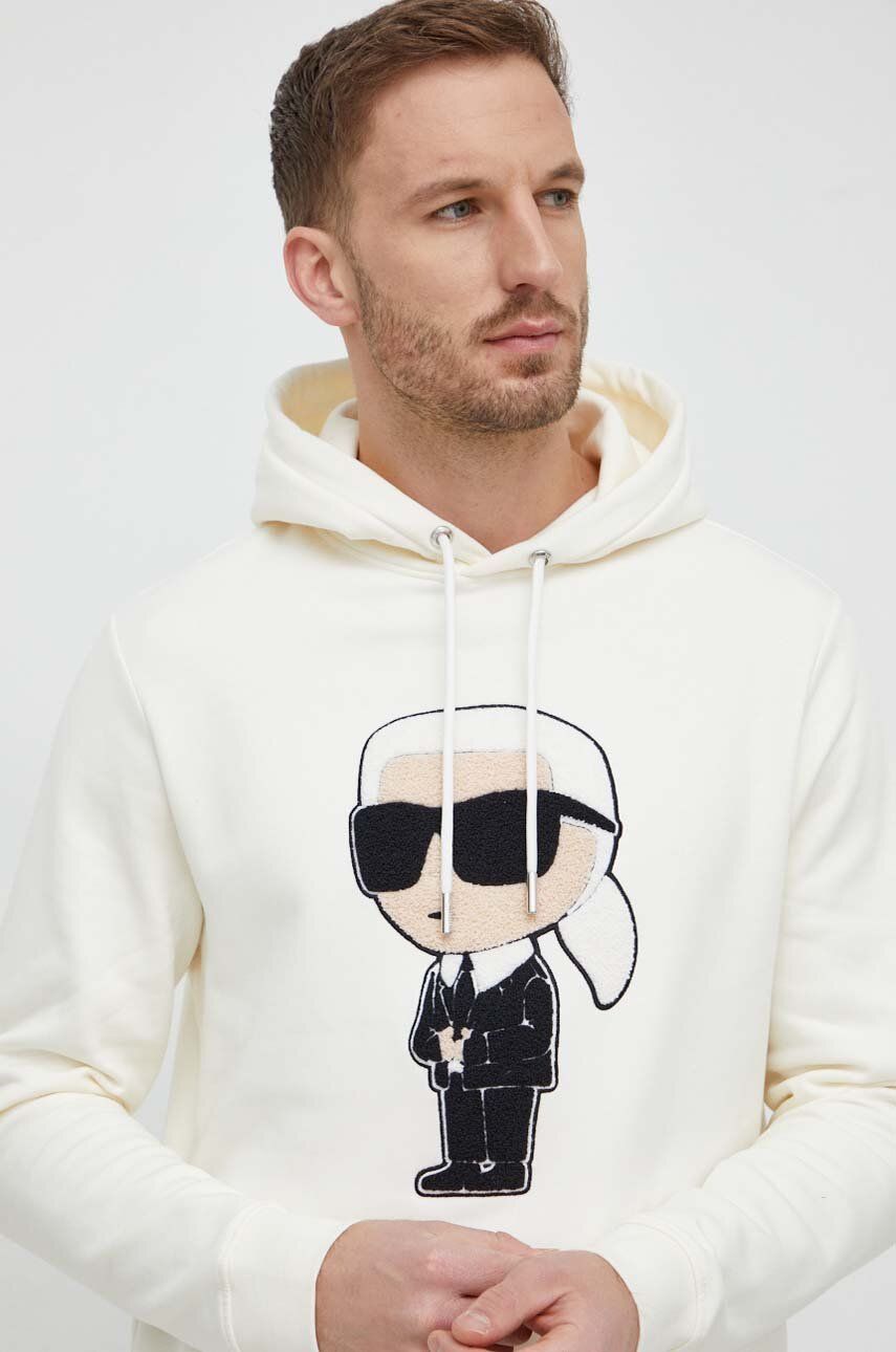 Levně Bavlněná mikina Karl Lagerfeld pánská, béžová barva, s kapucí, s aplikací