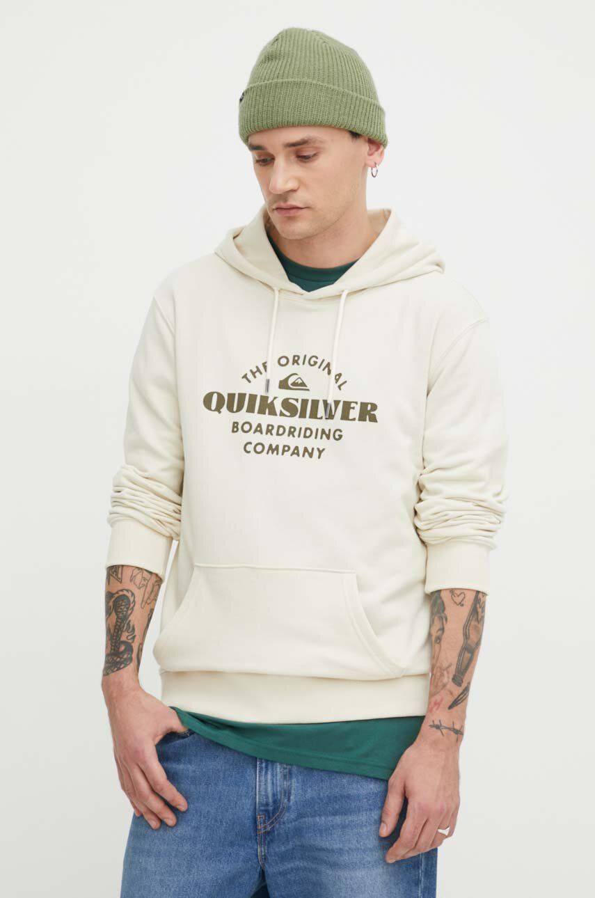 Quiksilver bluza barbati, culoarea bej, cu glugă, cu imprim