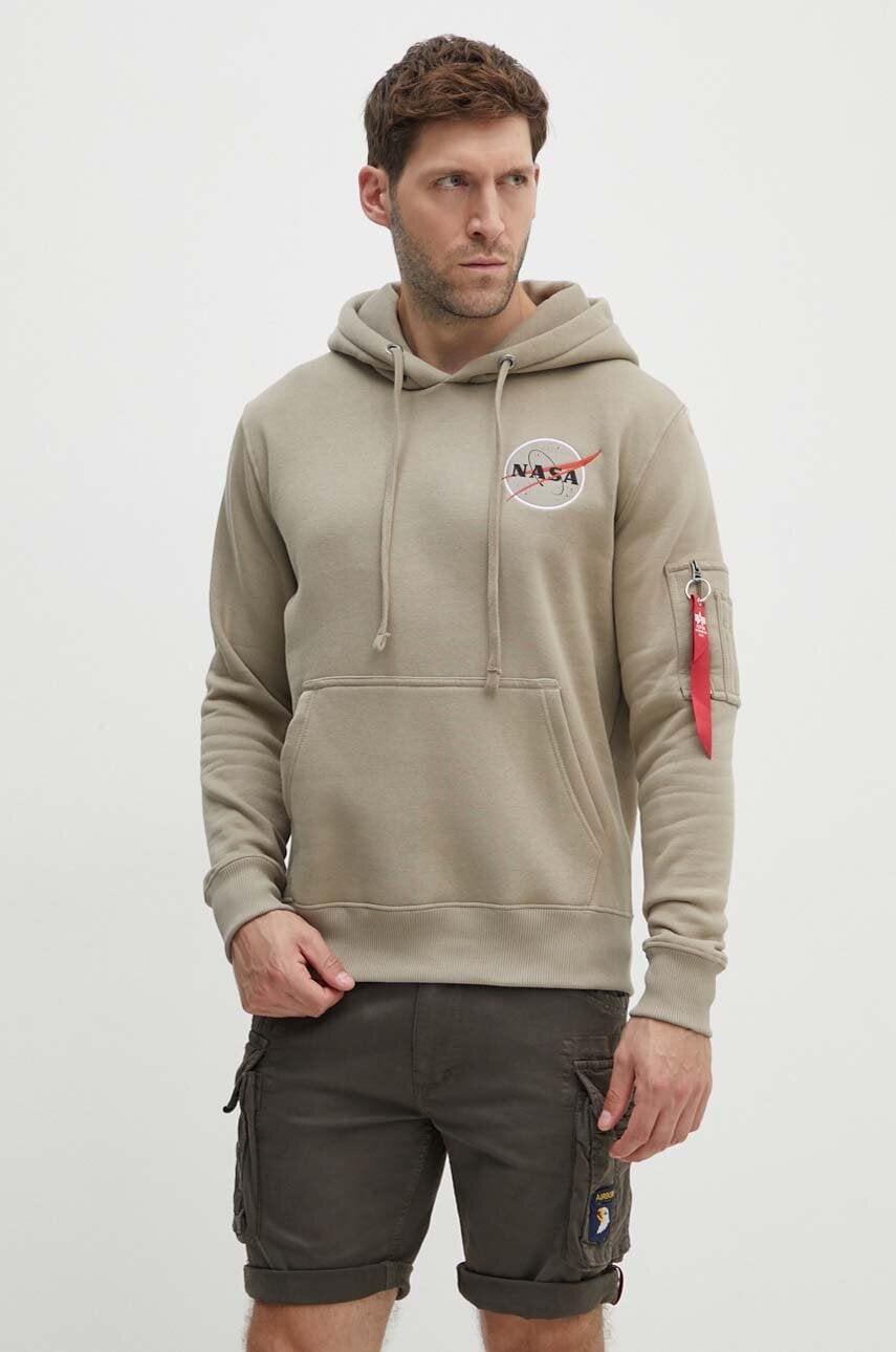 Alpha Industries bluză NASA Orbit Hoody bărbați, culoarea bej, cu glugă, cu imprimeu, 146339 Alpha Industries bluză NASA Orbit Hoody bărbați, culoarea bej, cu glugă, cu imprimeu, 146339