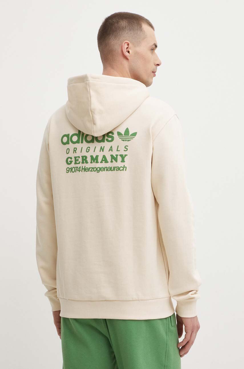 adidas Originals hanorac de bumbac barbati, culoarea bej, cu glugă, cu imprimeu, IR9309