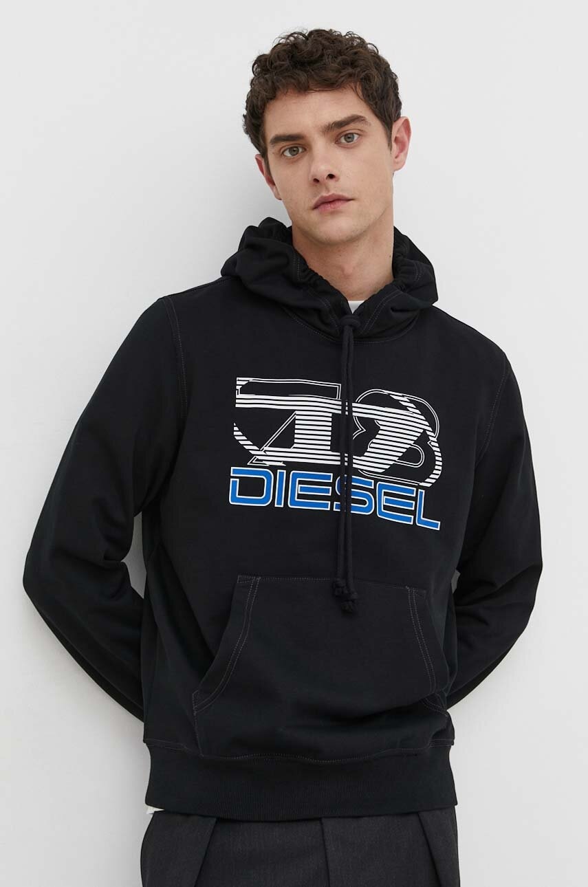 Diesel bluza barbati, culoarea negru, cu glugă, cu imprimeu