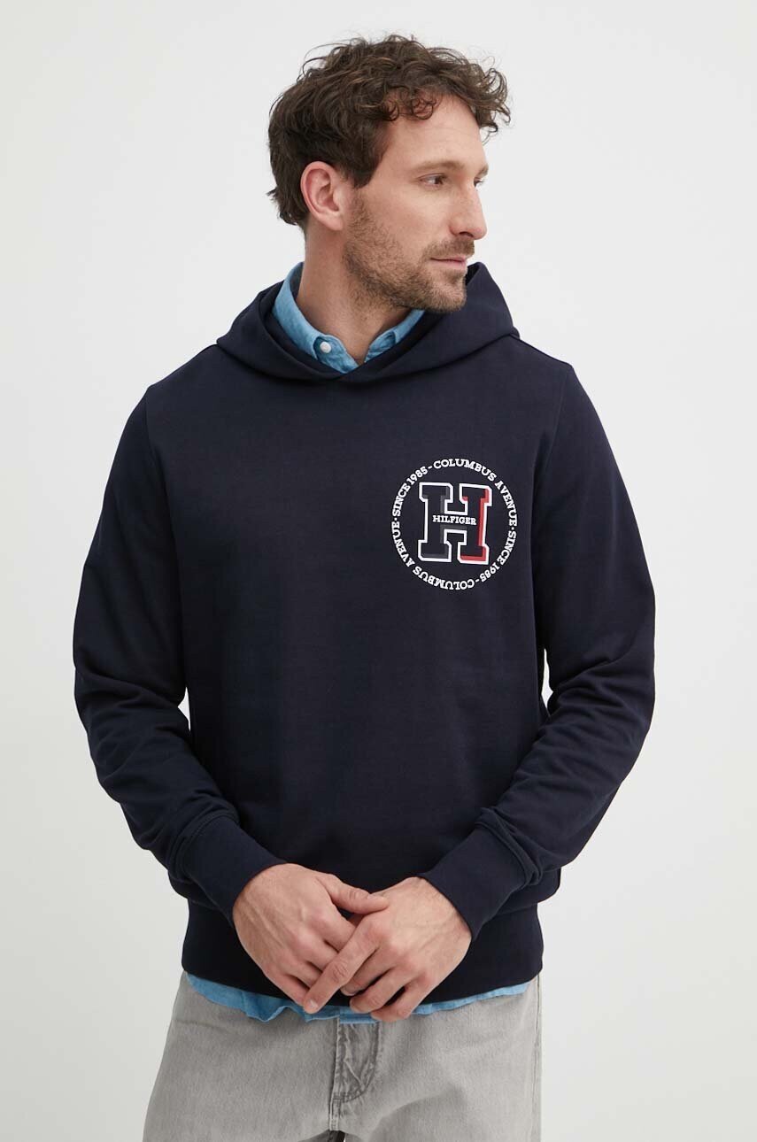 Levně Bavlněná mikina Tommy Hilfiger pánská, tmavomodrá barva, s kapucí, s potiskem, MW0MW34383