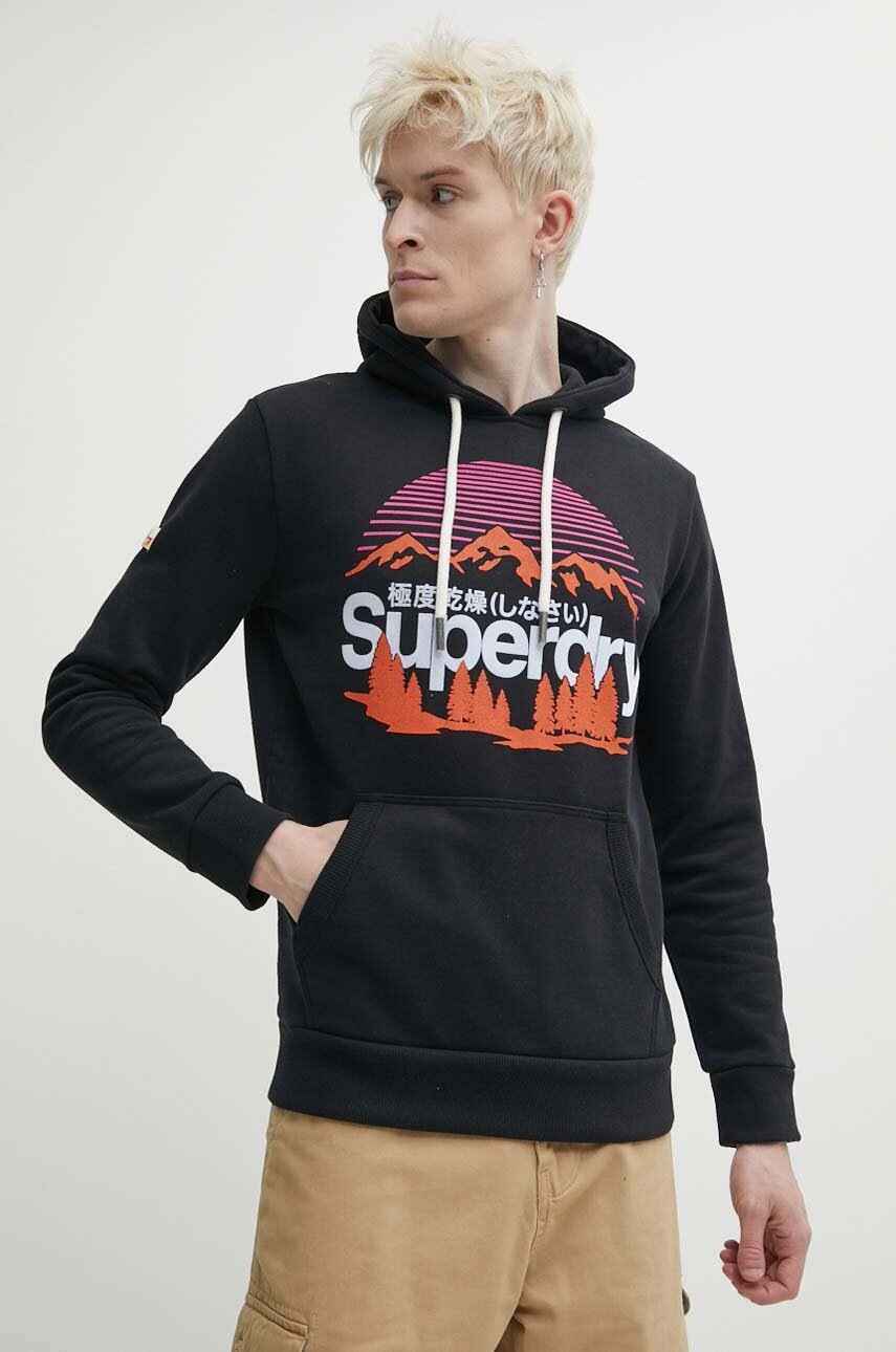 

Суичър Superdry в черно с качулка с апликация, Черен