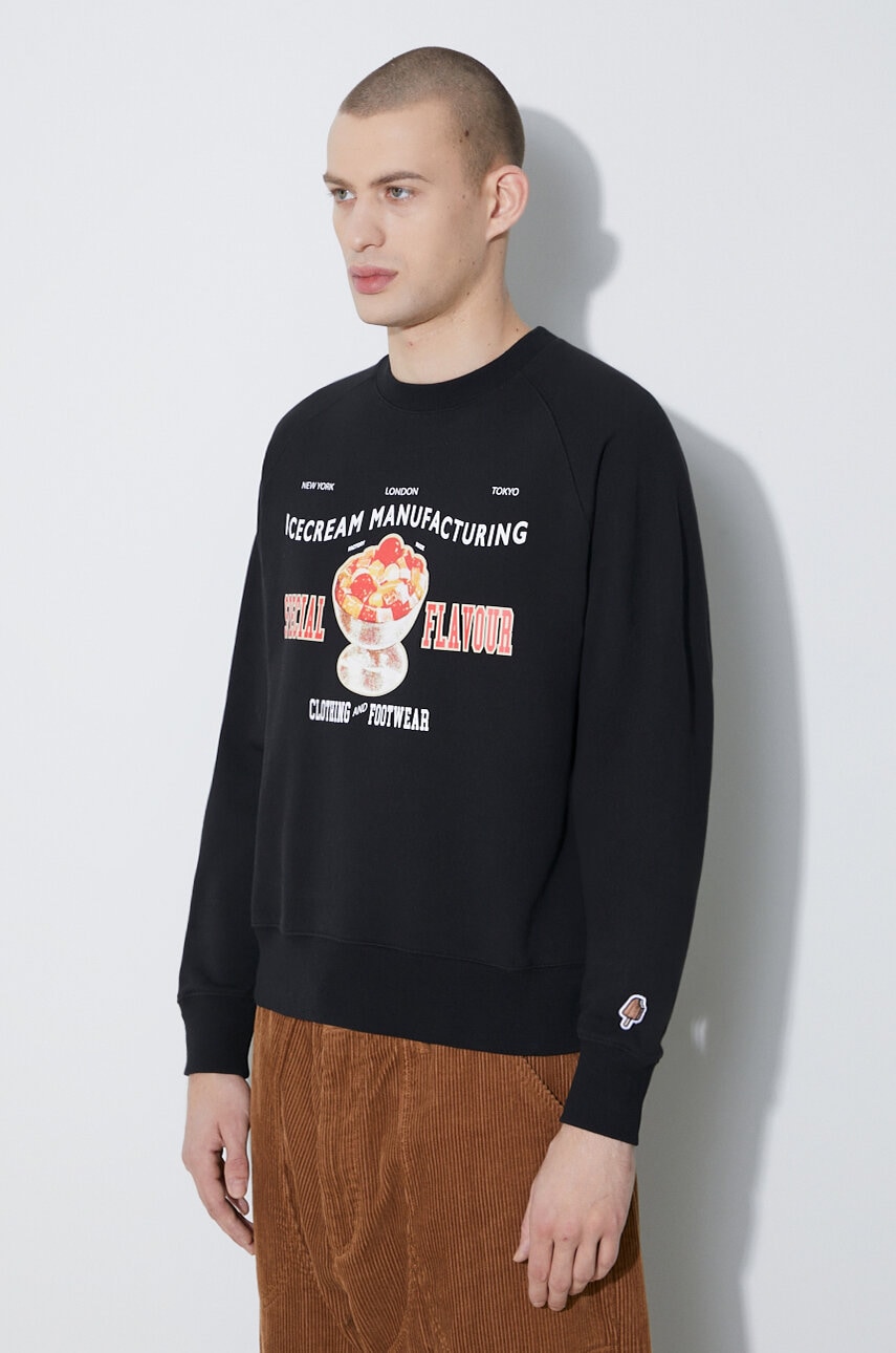 Icecream hanorac de bumbac Special Flavour Crewneck bărbați, culoarea negru, cu imprimeu, IC24122 Icecream hanorac de bumbac Special Flavour Crewneck bărbați, culoarea negru, cu imprimeu, IC24122