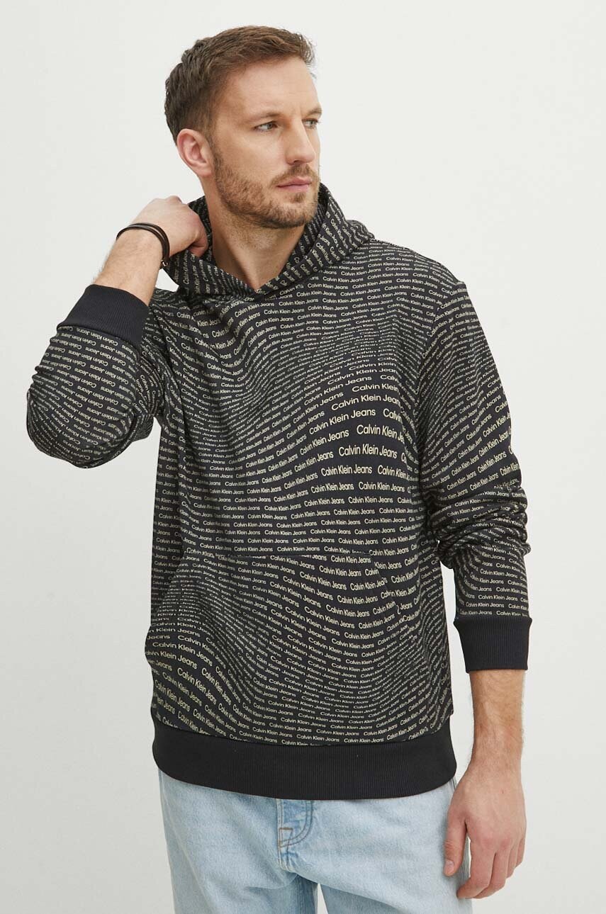 Levně Bavlněná mikina Calvin Klein Jeans pánská, černá barva, s kapucí, vzorovaná, J30J325350