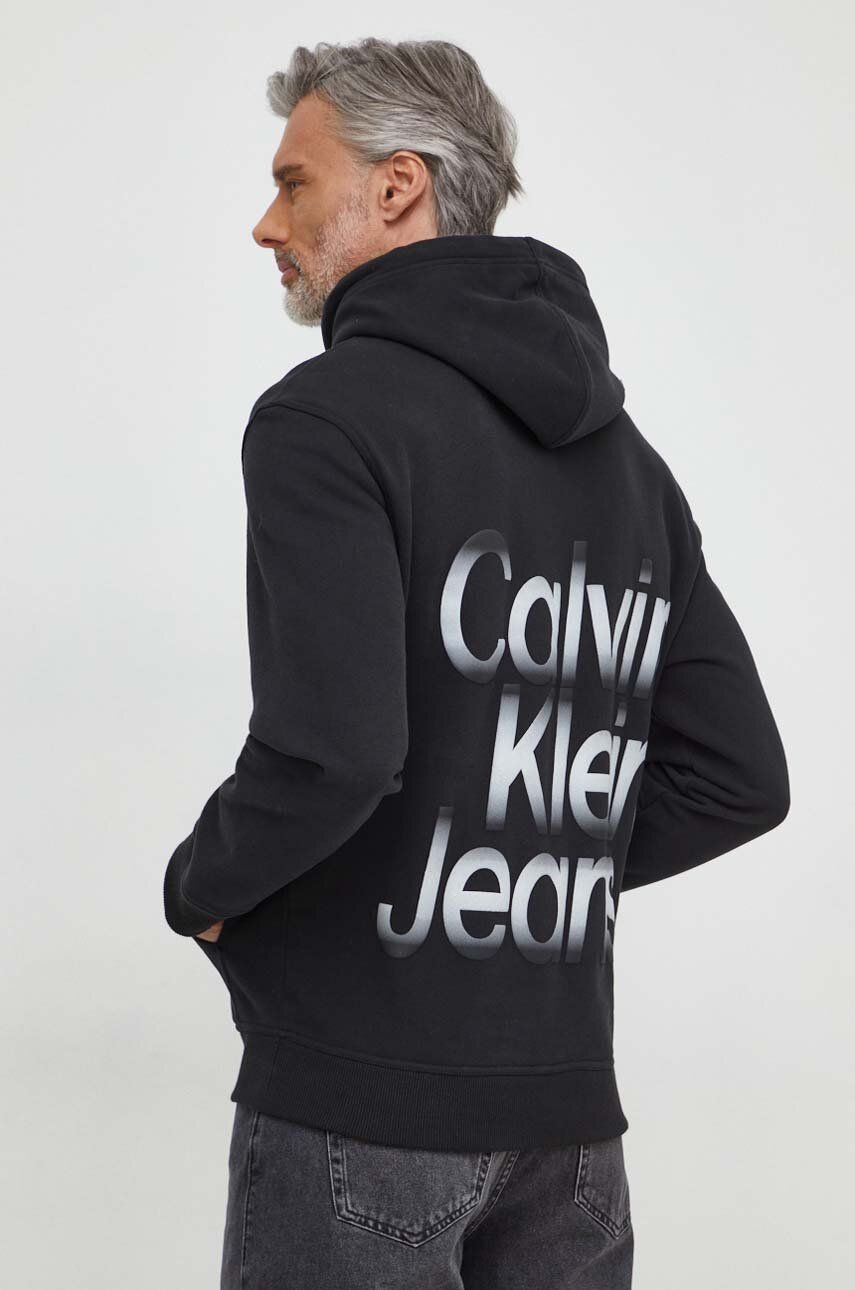 Levně Bavlněná mikina Calvin Klein Jeans pánská, černá barva, s kapucí, s potiskem, J30J325698