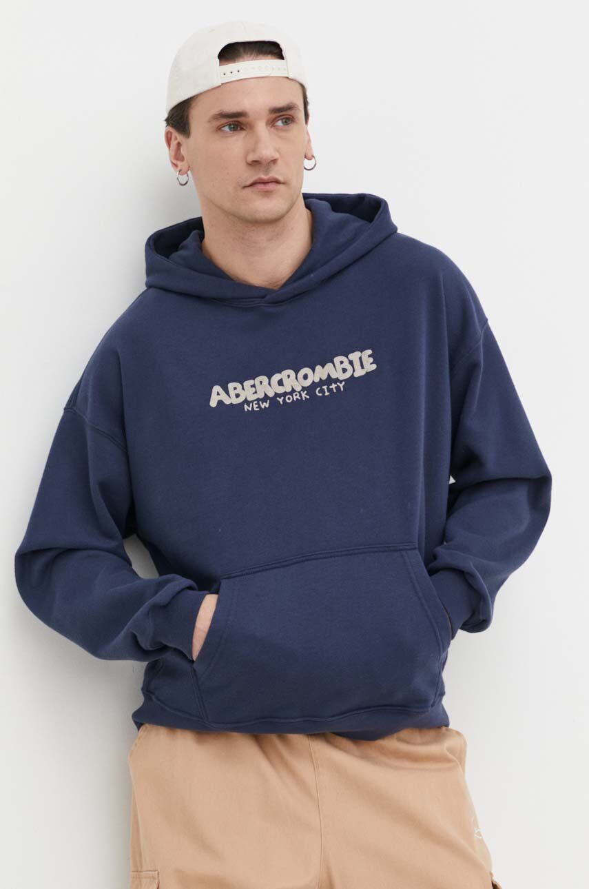 Abercrombie & Fitch bluza barbati, culoarea albastru marin, cu glugă, cu imprimeu