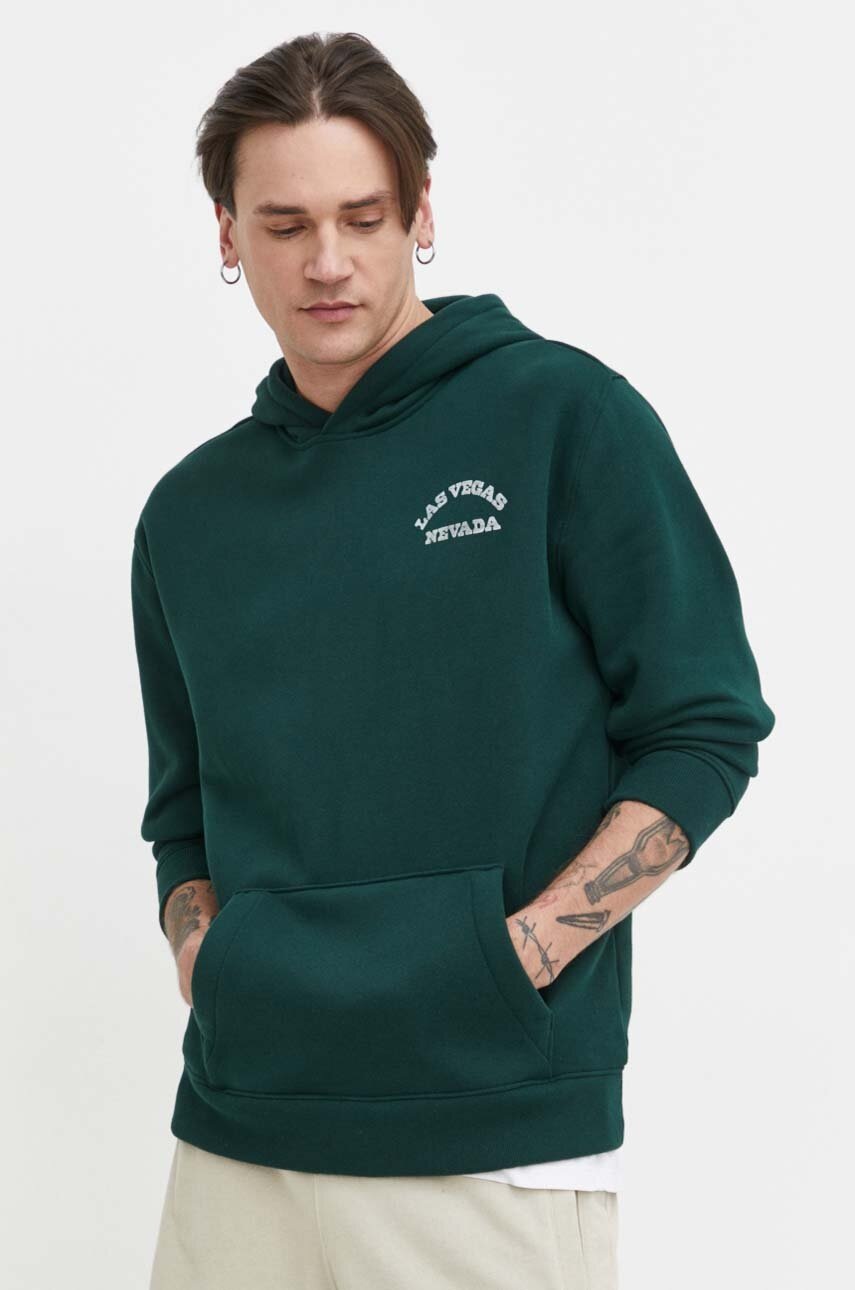 Hollister Co. bluza barbati, culoarea verde, cu glugă, cu imprimeu