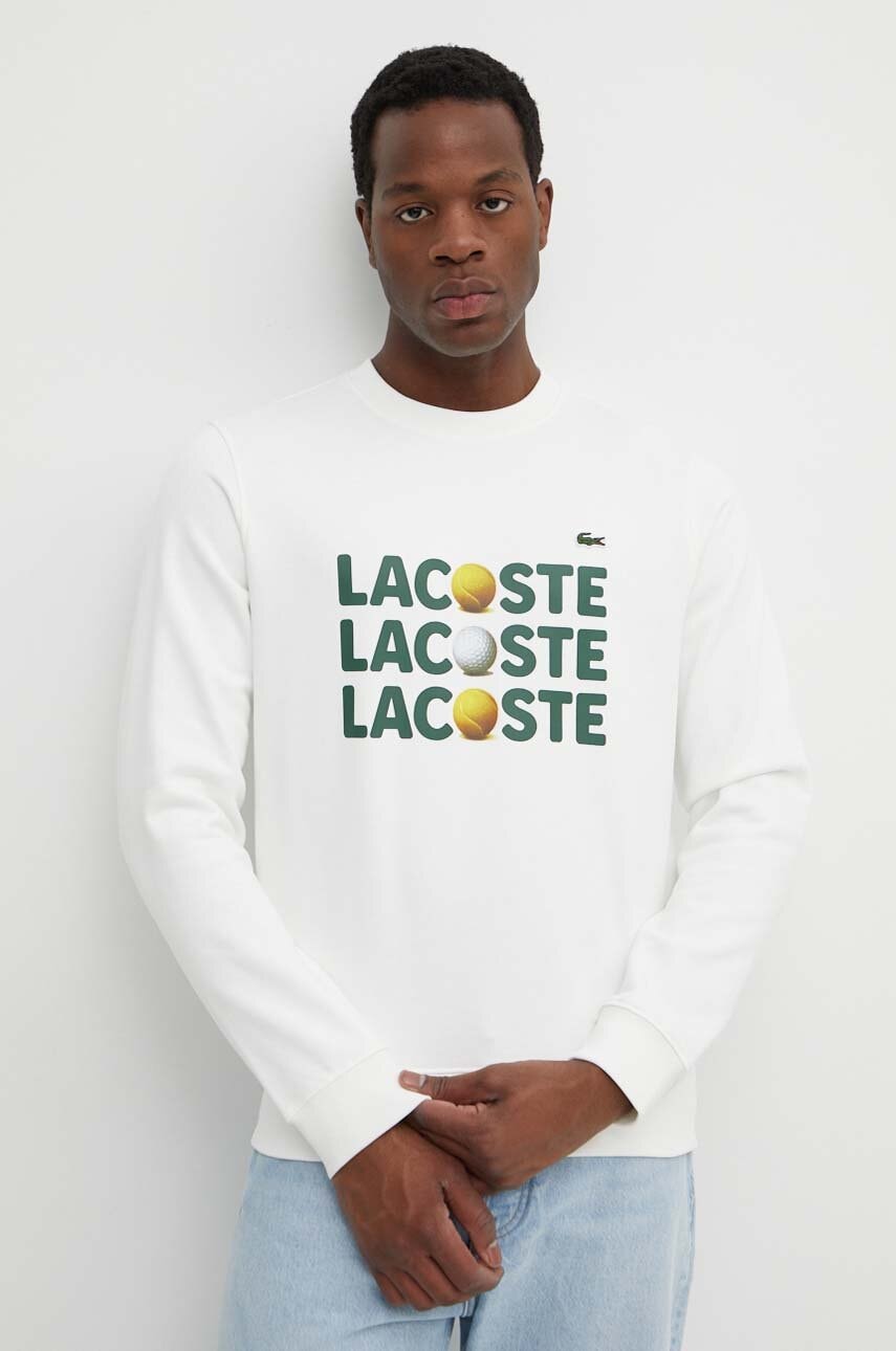 Lacoste hanorac de bumbac barbati, culoarea bej, cu imprimeu
