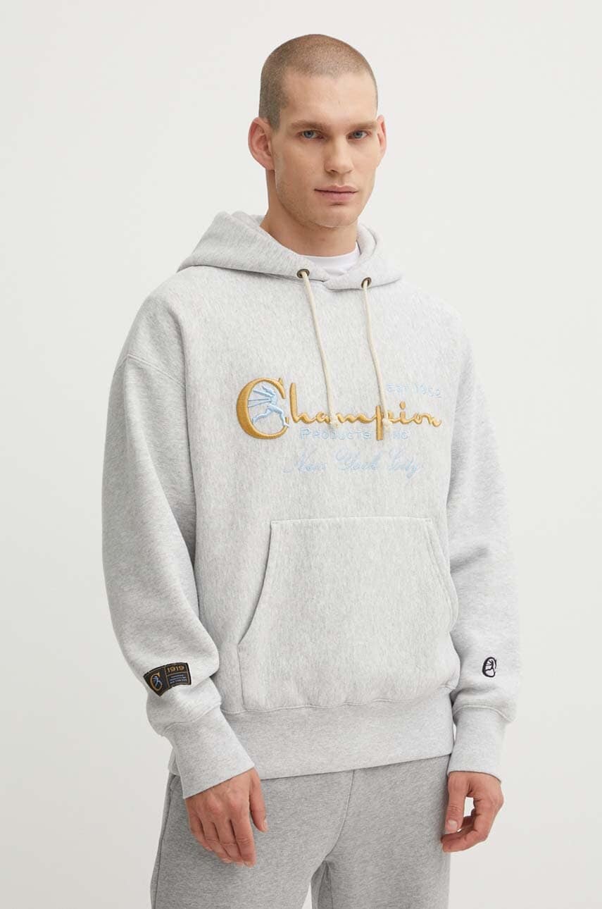 Champion bluza barbati, culoarea gri, cu glugă, cu imprimeu, 219997 Champion bluza barbati, culoarea gri, cu glugă, cu imprimeu, 219997