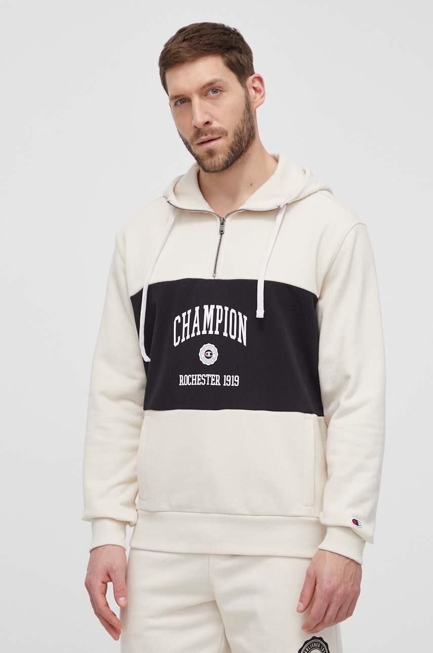 Champion bluza barbati, culoarea bej, cu glugă, cu imprimeu, 219851