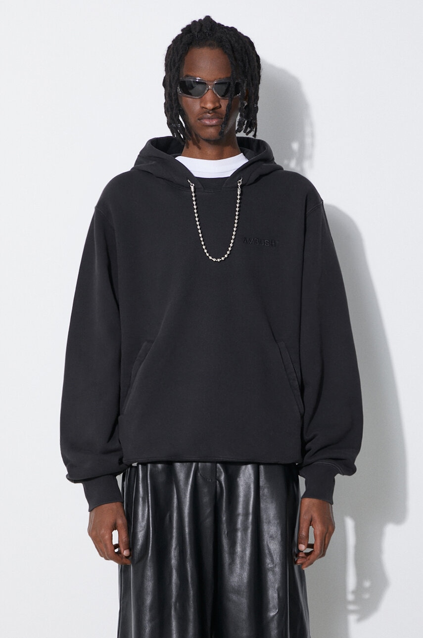 AMBUSH hanorac de bumbac Ballchain barbati, culoarea negru, cu glugă, cu imprimeu, BMBB001S24FLE AMBUSH hanorac de bumbac Ballchain barbati, culoarea negru, cu glugă, cu imprimeu, BMBB001S24FLE