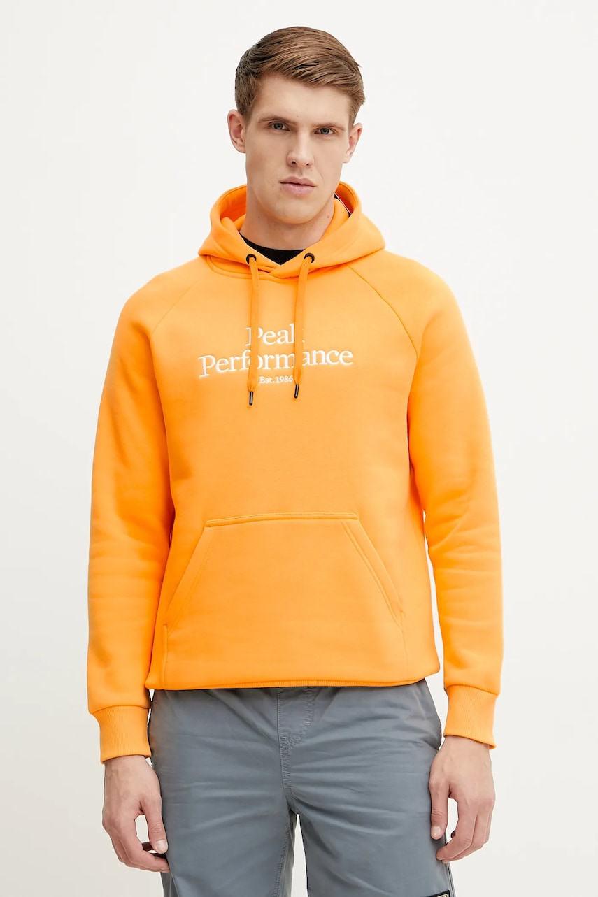 Peak Performance bluza barbati, culoarea portocaliu, cu glugă, cu imprimeu Peak Performance bluza barbati, culoarea portocaliu, cu glugă, cu imprimeu