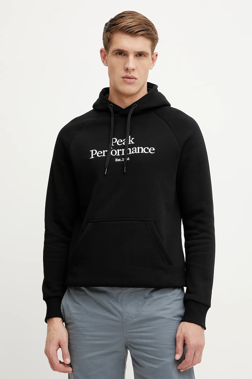 Peak Performance bluza barbati, culoarea negru, cu glugă, cu imprimeu