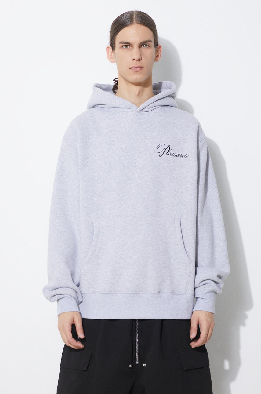 Mikina PLEASURES Cafe Hoodie pánská, šedá barva, s kapucí, s aplikací, P24SP026.GREY
