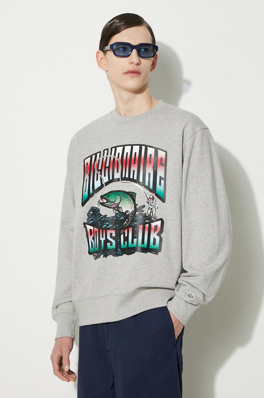 Billionaire Boys Club hanorac de bumbac Big Catch Crewneck barbati, culoarea gri, cu imprimeu, B24230 Billionaire Boys Club hanorac de bumbac Big Catch Crewneck barbati, culoarea gri, cu imprimeu, B24230