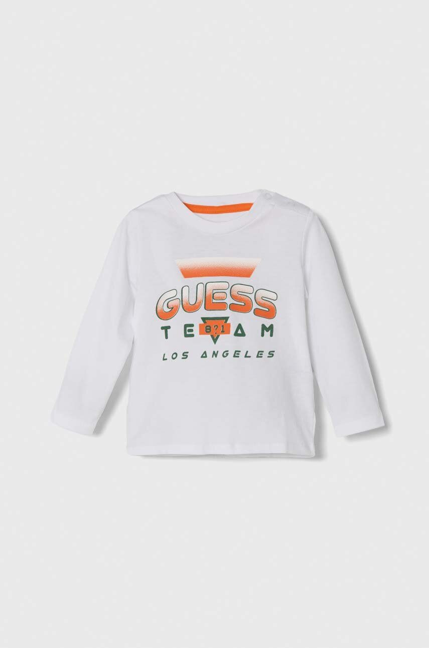 Levně Dětské bavlněné tričko s dlouhým rukávem Guess bílá barva, s potiskem