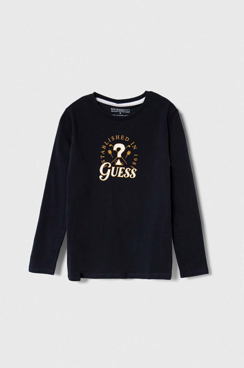 Levně Dětská bavlněná košile s dlouhým rukávem Guess tmavomodrá barva, s potiskem
