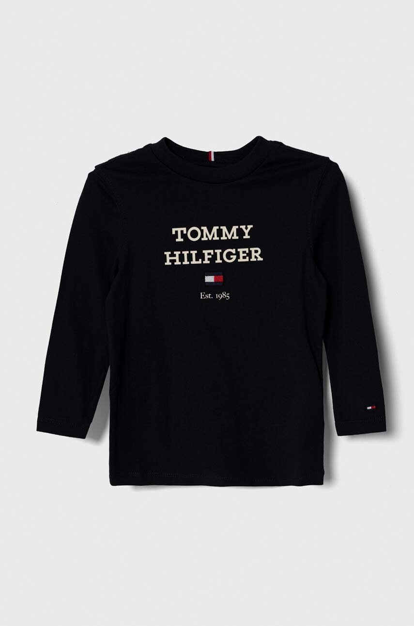 

Дитячий бавовняний лонгслів Tommy Hilfiger колір синій з принтом
