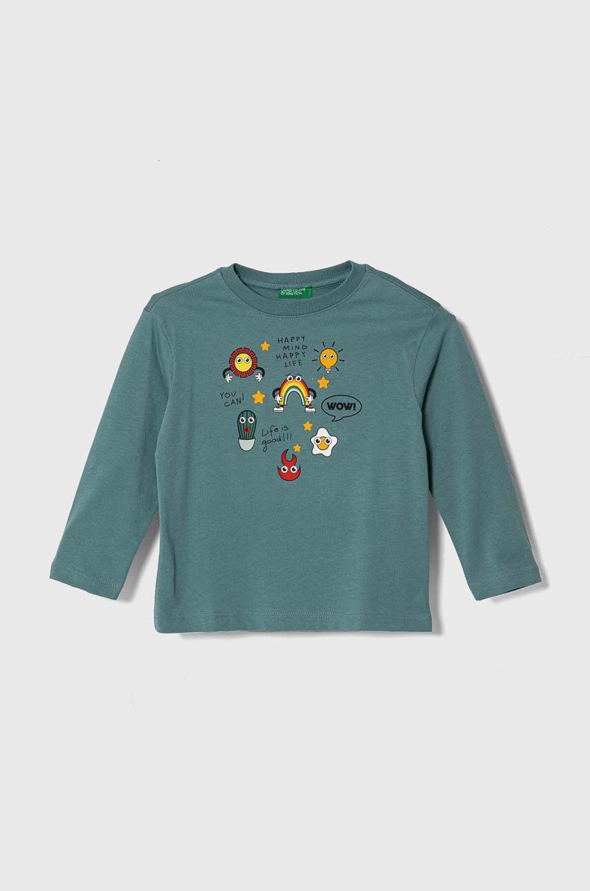 Levně Dětské bavlněné tričko s dlouhým rukávem United Colors of Benetton tyrkysová barva, s potiskem