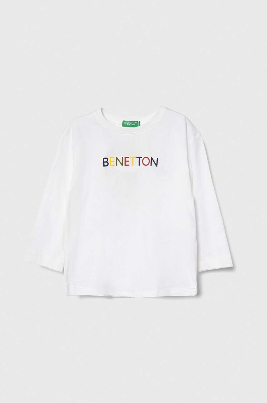 United Colors of Benetton longsleeve din bumbac pentru copii culoarea alb, cu imprimeu