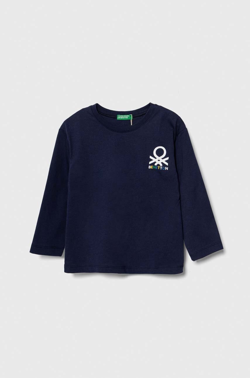 United Colors of Benetton longsleeve din bumbac pentru copii culoarea albastru marin, cu imprimeu