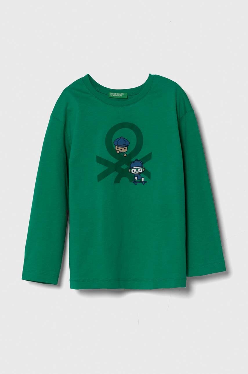 United Colors of Benetton longsleeve din bumbac pentru copii culoarea verde, cu imprimeu