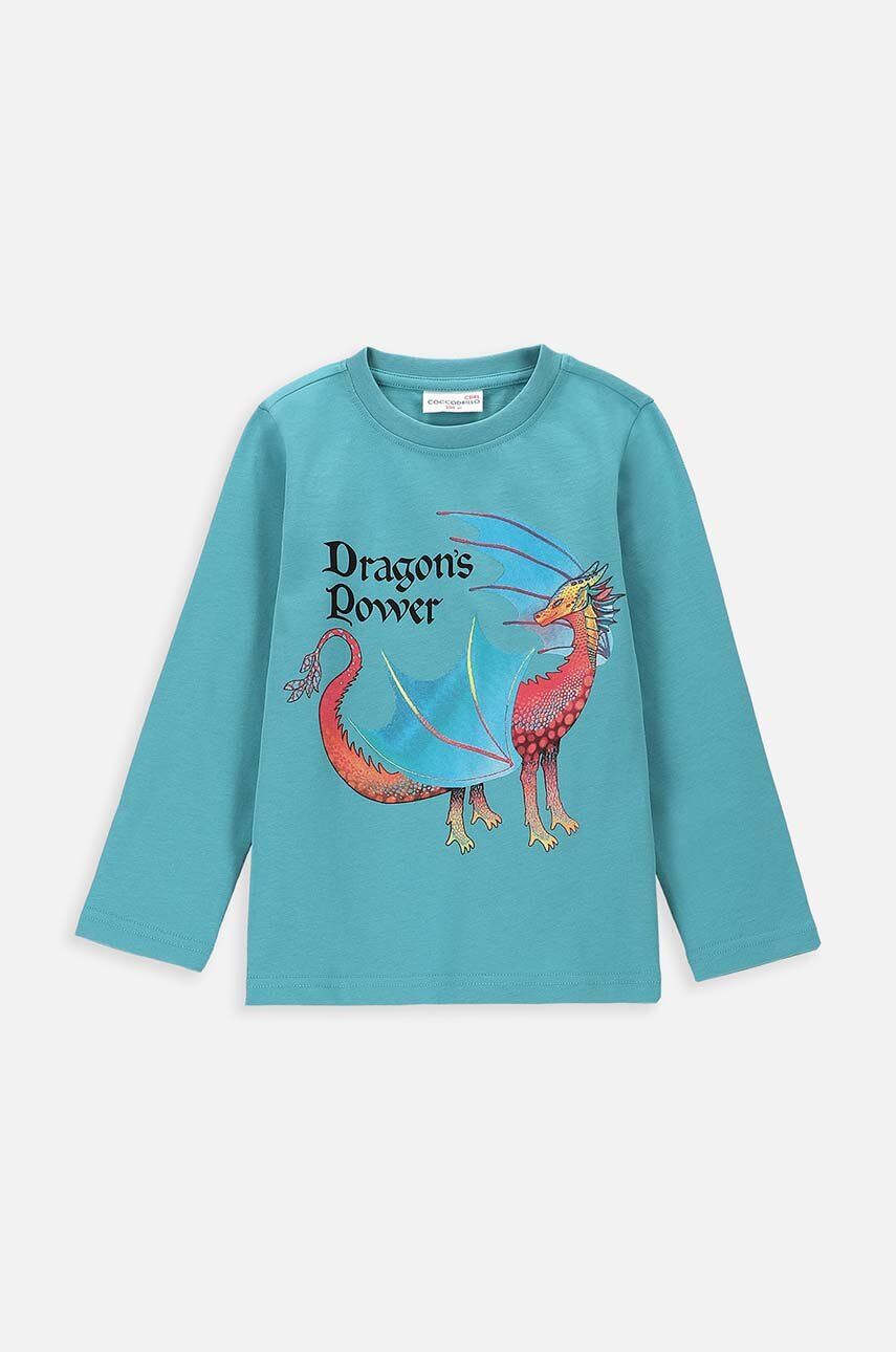 Levně Dětské bavlněné tričko s dlouhým rukávem Coccodrillo tyrkysová barva, s potiskem