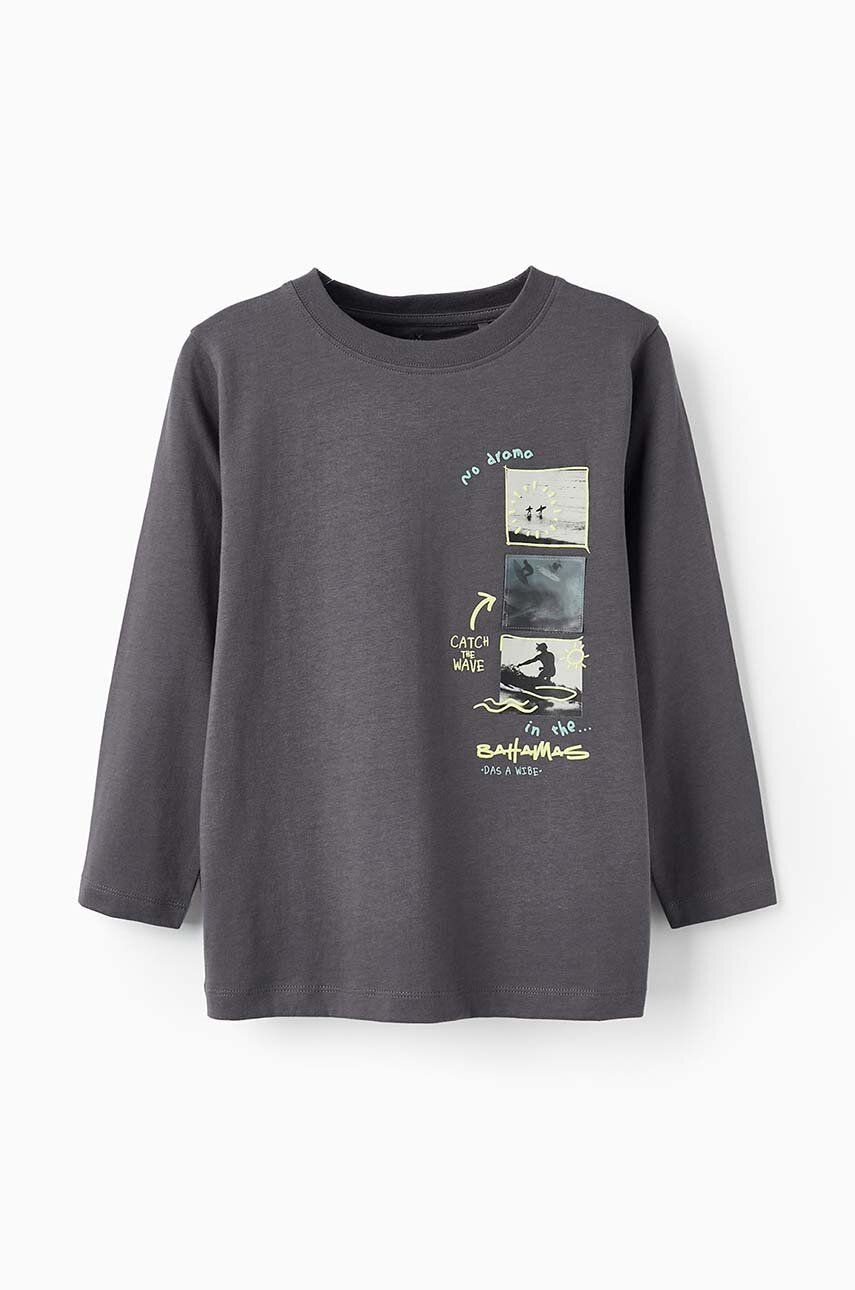 Levně Dětské bavlněné tričko s dlouhým rukávem zippy šedá barva, s potiskem