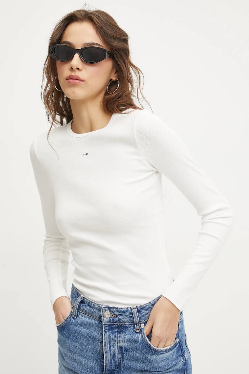 Tommy Jeans longsleeve femei, culoarea alb, DW0DW17387