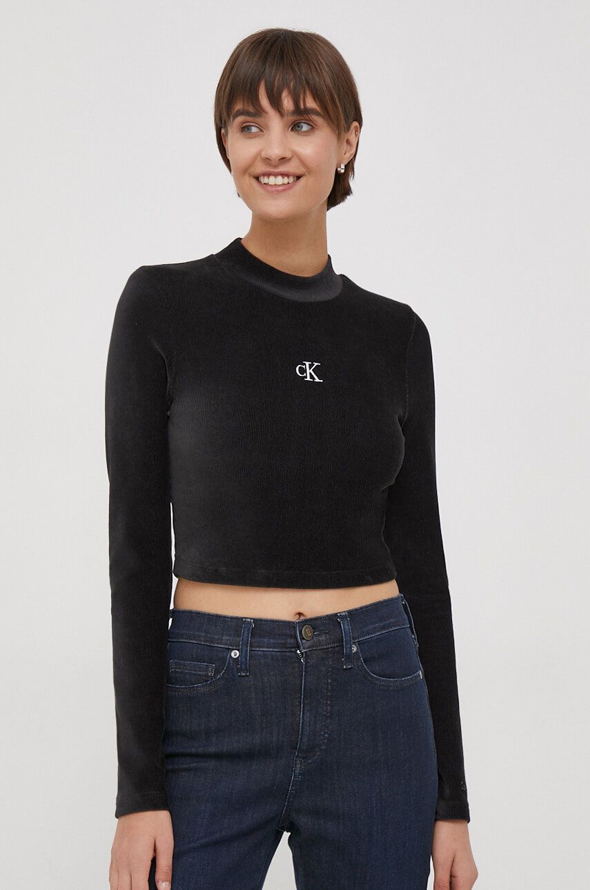Levně Tričko s dlouhým rukávem Calvin Klein Jeans černá barva, s pologolfem