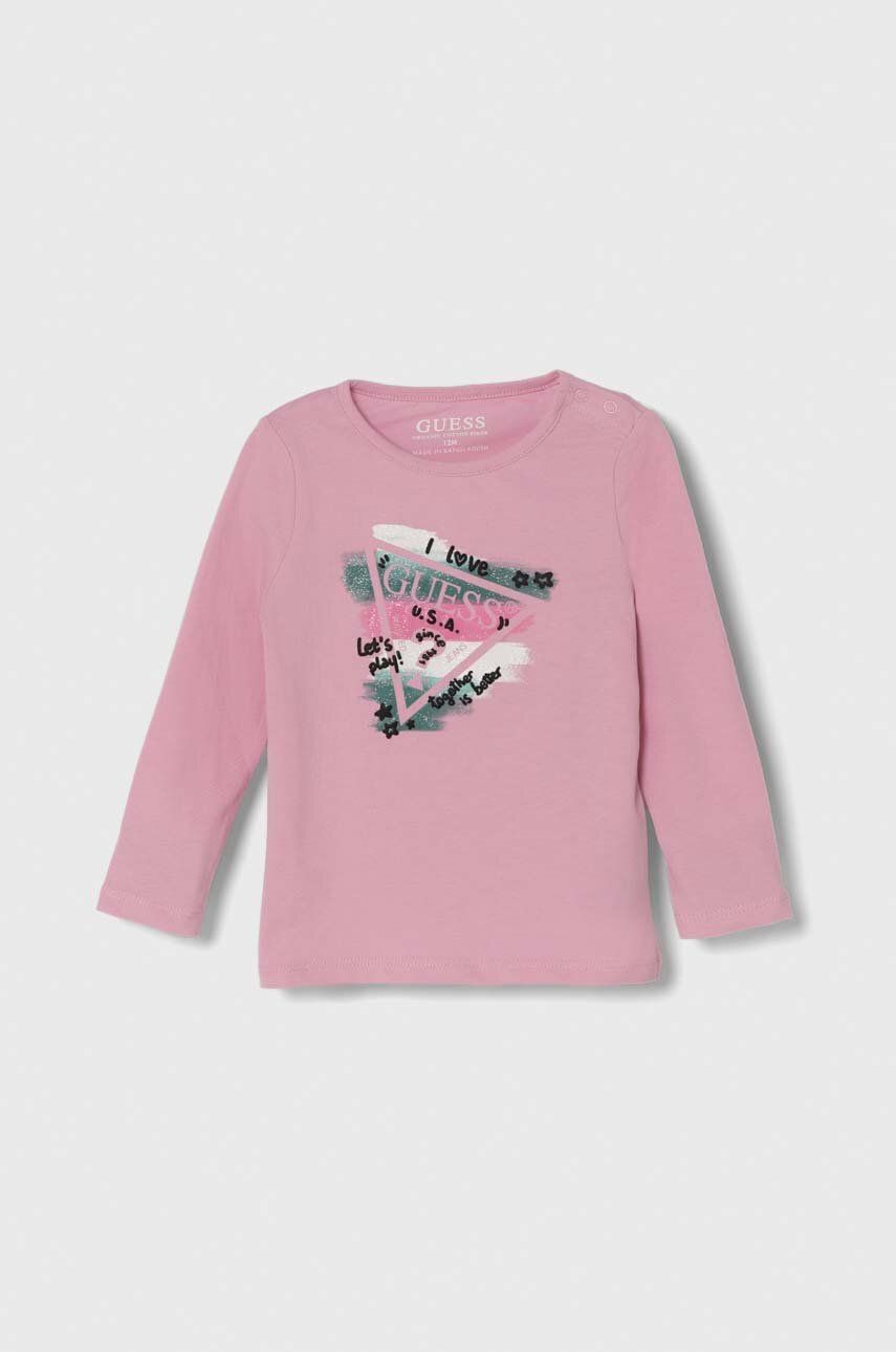 Levně Kojenecké tričko s dlouhým rukávem Guess růžová barva