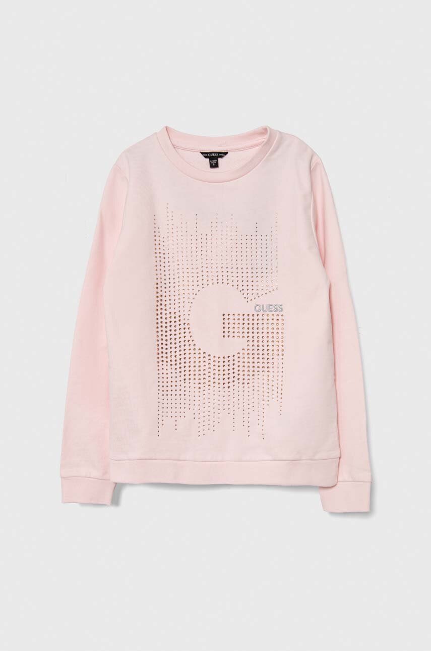 

Детски памучен суичър Guess в розово с апликация, Розов