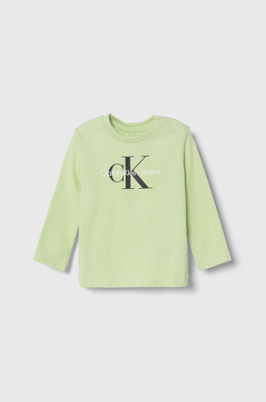 Levně Dětské tričko s dlouhým rukávem Calvin Klein Jeans zelená barva, s potiskem
