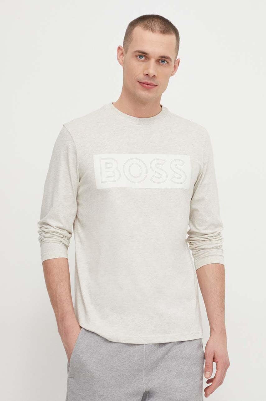 Boss Green longsleeve din bumbac culoarea gri, cu imprimeu